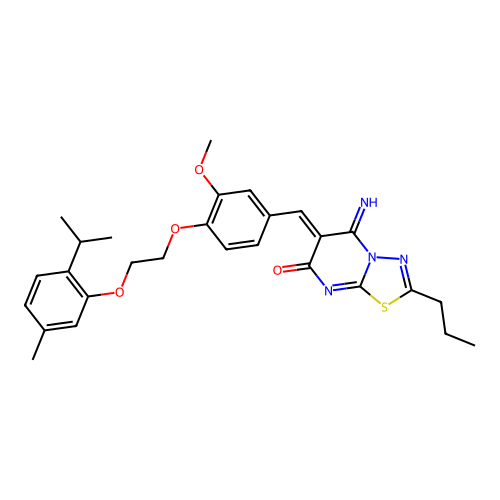 (6Z)-5-imino-6-(3-methoxy-4-{2-[5-methyl-2-(propan-2-yl)phenoxy]ethoxy}benzylidene)-2-propyl-5,6-dihydro-7H-[1,3,4]thiadiazolo[3,2-a]pyrimidin-7-one structure