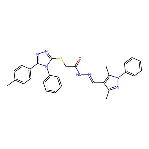 (4-Phenyl-5-p-tolyl-4H-[1,2,4]triazol-3-ylsulfanyl)-acetic acid [1-(3,5-dimethyl-1-phenyl-1H-pyrazol-4-yl)-meth-(E)-ylidene]-hydrazide structure