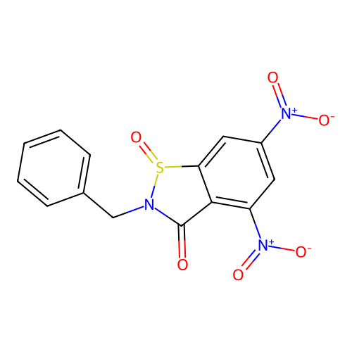 1,2-Benzisothiazol-3(2H)-one, 4,6-dinitro-2-(phenylmethyl)-, 1-oxide structure