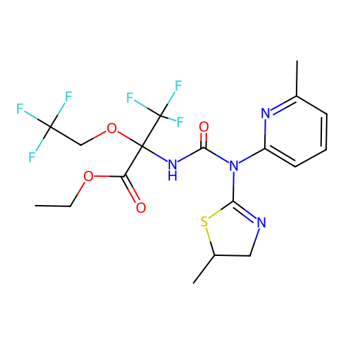 ethyl 3,3,3-trifluoro-2-(3-(5-methyl-4,5-dihydrothiazol-2-yl)-3-(6-methylpyridin-2-yl)ureido)-2-(2,2,2-trifluoroethoxy)propanoate structure