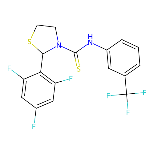N-[3-(trifluoromethyl)phenyl]-2-(2,4,6-trifluorophenyl)-1,3-thiazolidine-3-carbothioamide structure