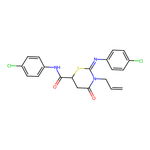 (2Z)-N-(4-chlorophenyl)-2-[(4-chlorophenyl)imino]-4-oxo-3-(prop-2-en-1-yl)-1,3-thiazinane-6-carboxamide structure