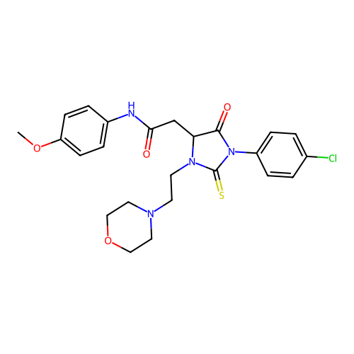 2-{1-(4-chlorophenyl)-3-[2-(morpholin-4-yl)ethyl]-5-oxo-2-thioxoimidazolidin-4-yl}-N-(4-methoxyphenyl)acetamide structure