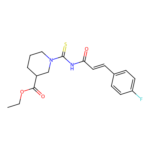 (E)-ethyl 1-((3-(4-fluorophenyl)acryloyl)carbamothioyl)piperidine-3-carboxylate structure