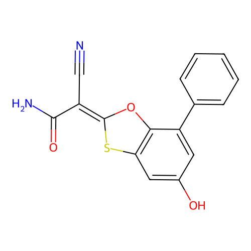 (2Z)-2-cyano-2-(5-hydroxy-7-phenyl-1,3-benzoxathiol-2-ylidene)ethanamide structure