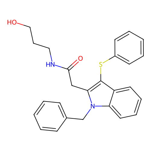 2-[1-benzyl-3-(phenylsulfanyl)-1H-indol-2-yl]-N-(3-hydroxypropyl)acetamide structure