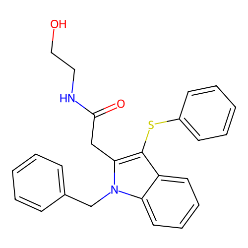 2-[1-benzyl-3-(phenylsulfanyl)-1H-indol-2-yl]-N-(2-hydroxyethyl)acetamide structure