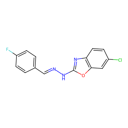 6-chloro-2-[(2E)-2-(4-fluorobenzylidene)hydrazinyl]-1,3-benzoxazole structure