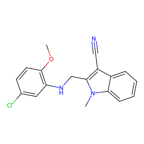 2-(((5-chloro-2-methoxyphenyl)amino)methyl)-1-methyl-1H-indole-3-carbonitrile structure
