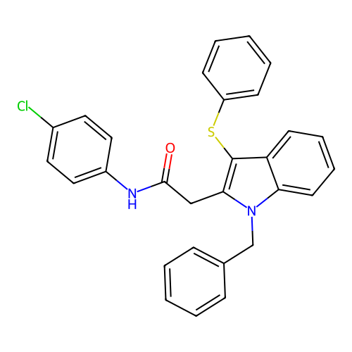 2-[1-benzyl-3-(phenylsulfanyl)-1H-indol-2-yl]-N-(4-chlorophenyl)acetamide structure