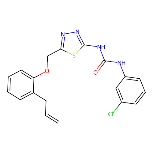 1-(3-chlorophenyl)-3-(5-{[2-(prop-2-en-1-yl)phenoxy]methyl}-1,3,4-thiadiazol-2-yl)urea structure