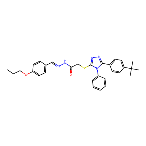 2-{[5-(4-tert-butylphenyl)-4-phenyl-4H-1,2,4-triazol-3-yl]sulfanyl}-N'-[(E)-(4-propoxyphenyl)methylidene]acetohydrazide structure
