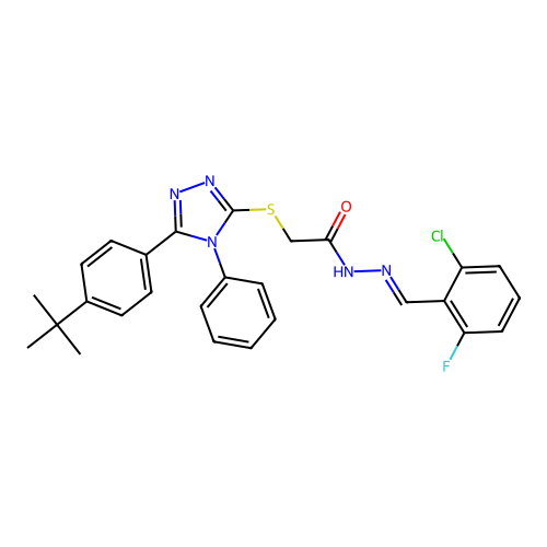 2-{[5-(4-tert-butylphenyl)-4-phenyl-4H-1,2,4-triazol-3-yl]sulfanyl}-N'-[(E)-(2-chloro-6-fluorophenyl)methylidene]acetohydrazide structure