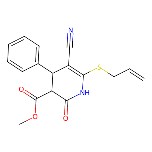 methyl 5-cyano-2-oxo-4-phenyl-6-(prop-2-en-1-ylsulfanyl)-1,2,3,4-tetrahydropyridine-3-carboxylate structure