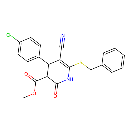 methyl 6-(benzylsulfanyl)-4-(4-chlorophenyl)-5-cyano-2-oxo-1,2,3,4-tetrahydropyridine-3-carboxylate structure