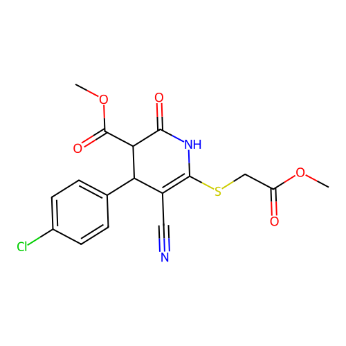methyl 4-(4-chlorophenyl)-5-cyano-6-(2-methoxy-2-oxoethyl)sulfanyl-2-oxo-3,4-dihydro-1H-pyridine-3-carboxylate structure