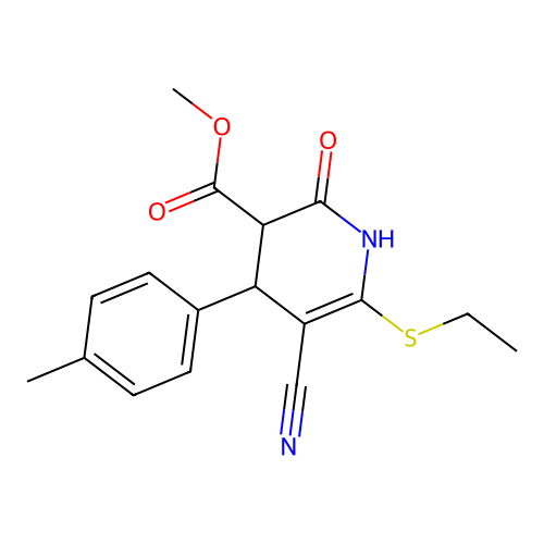 methyl 5-cyano-6-(ethylsulfanyl)-4-(4-methylphenyl)-2-oxo-1,2,3,4-tetrahydropyridine-3-carboxylate structure