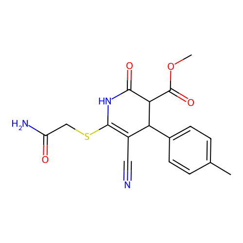 methyl 6-((2-amino-2-oxoethyl)thio)-5-cyano-2-oxo-4-(p-tolyl)-1,2,3,4-tetrahydropyridine-3-carboxylate structure