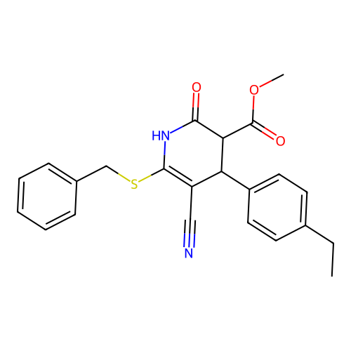 methyl 6-(benzylsulfanyl)-5-cyano-4-(4-ethylphenyl)-2-oxo-1,2,3,4-tetrahydropyridine-3-carboxylate structure