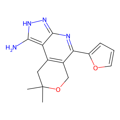 5-(2-furyl)-8,8-dimethyl-8,9-dihydro-6H-pyrano[4,3-d]pyrazolo[5,4-b]pyridinyla mine structure
