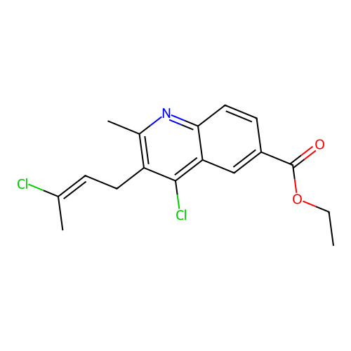 (E)-ethyl 4-chloro-3-(3-chlorobut-2-en-1-yl)-2-methylquinoline-6-carboxylate structure