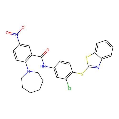 2-(azepan-1-yl)-N-[4-(1,3-benzothiazol-2-ylsulfanyl)-3-chlorophenyl]-5-nitrobenzamide structure