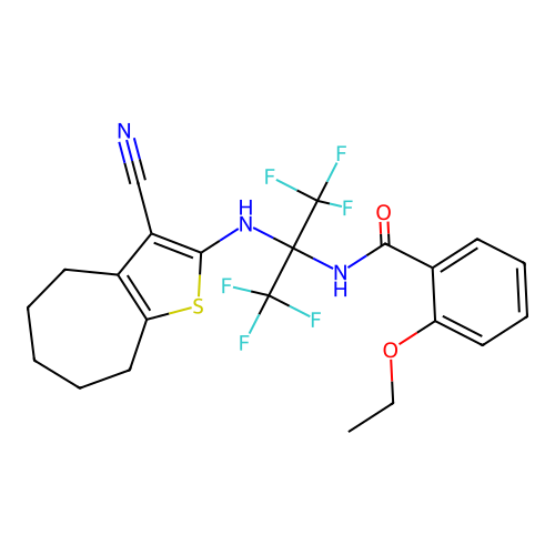 N-(2-((3-cyano-5,6,7,8-tetrahydro-4H-cyclohepta[b]thiophen-2-yl)amino)-1,1,1,3,3,3-hexafluoropropan-2-yl)-2-ethoxybenzamide structure