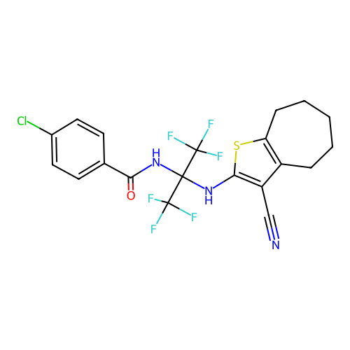 4-chloro-N-(2-((3-cyano-5,6,7,8-tetrahydro-4H-cyclohepta[b]thiophen-2-yl)amino)-1,1,1,3,3,3-hexafluoropropan-2-yl)benzamide structure
