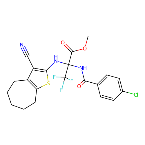 methyl 2-(4-chlorobenzamido)-2-((3-cyano-5,6,7,8-tetrahydro-4H-cyclohepta[b]thiophen-2-yl)amino)-3,3,3-trifluoropropanoate structure