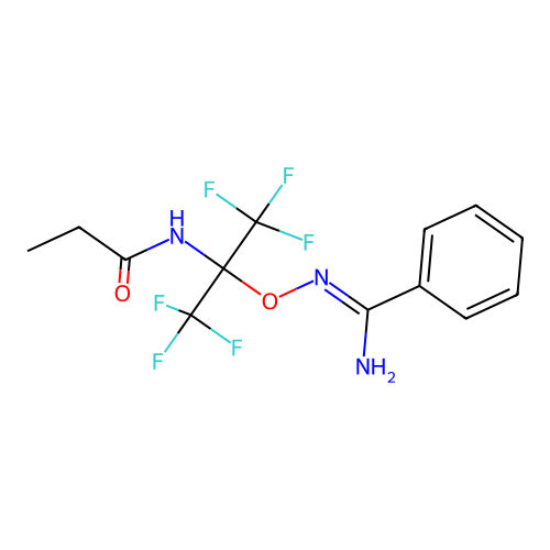 N-[2-[(Z)-[amino(phenyl)methylidene]amino]oxy-1,1,1,3,3,3-hexafluoropropan-2-yl]propanamide structure