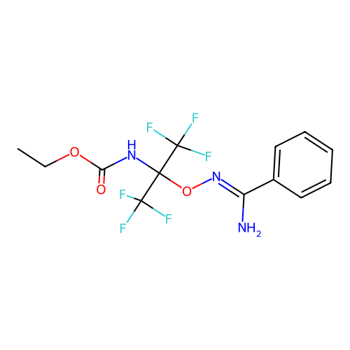 ethyl N-[2-[(Z)-[amino(phenyl)methylidene]amino]oxy-1,1,1,3,3,3-hexafluoropropan-2-yl]carbamate structure
