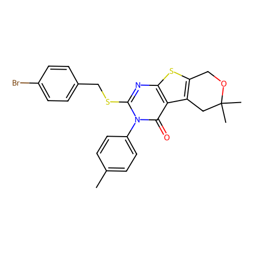 2-((4-bromobenzyl)thio)-6,6-dimethyl-3-(p-tolyl)-5,6-dihydro-3H-pyrano[4',3':4,5]thieno[2,3-d]pyrimidin-4(8H)-one structure