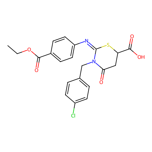 (2Z)-3-(4-chlorobenzyl)-2-{[4-(ethoxycarbonyl)phenyl]imino}-4-oxo-1,3-thiazinane-6-carboxylic acid structure
