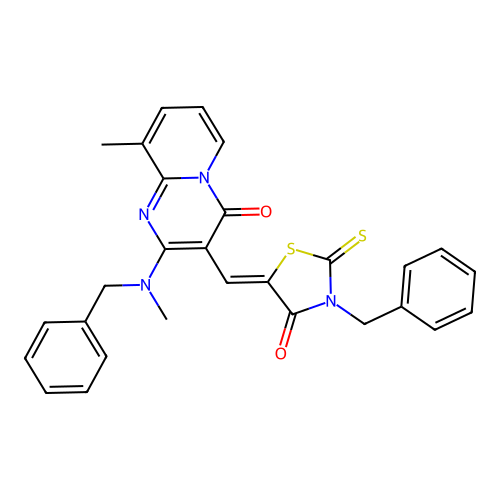 (Z)-3-benzyl-5-((2-(benzyl(methyl)amino)-9-methyl-4-oxo-4H-pyrido[1,2-a]pyrimidin-3-yl)methylene)-2-thioxothiazolidin-4-one structure