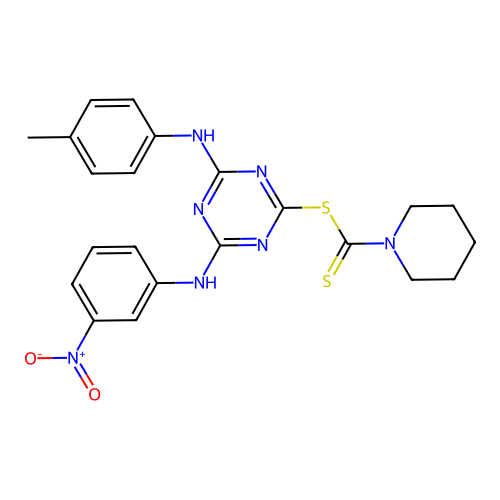 4-[(4-methylphenyl)amino]-6-[(3-nitrophenyl)amino]-1,3,5-triazin-2-yl piperidine-1-carbodithioate structure