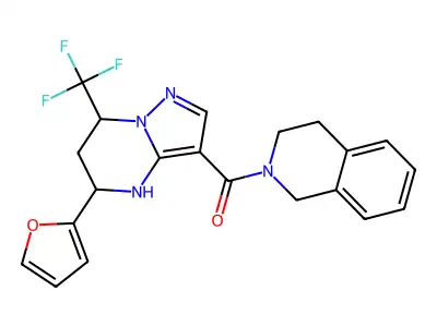 (3,4-dihydroisoquinolin-2(1H)-yl)(5-(furan-2-yl)-7-(trifluoromethyl)-4,5,6,7-tetrahydropyrazolo[1,5-a]pyrimidin-3-yl)methanone structure