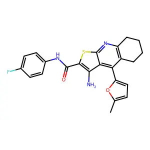 3-amino-N-(4-fluorophenyl)-4-(5-methylfuran-2-yl)-5,6,7,8-tetrahydrothieno[2,3-b]quinoline-2-carboxamide structure