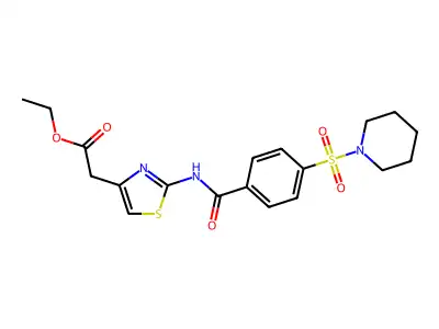 Ethyl 2-(2-(4-(piperidin-1-ylsulfonyl)benzamido)thiazol-4-yl)acetate structure