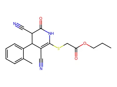 Propyl 2-((3,5-dicyano-6-oxo-4-(o-tolyl)-1,4,5,6-tetrahydropyridin-2-yl)thio)acetate structure