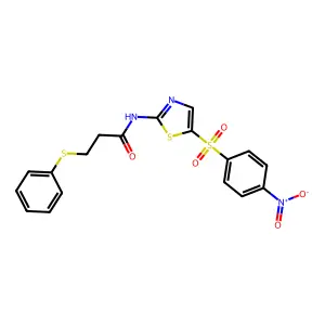 N-(5-((4-nitrophenyl)sulfonyl)thiazol-2-yl)-3-(phenylthio)propanamide structure