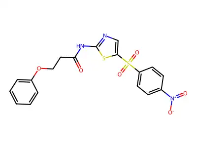 N-(5-((4-nitrophenyl)sulfonyl)thiazol-2-yl)-3-phenoxypropanamide structure