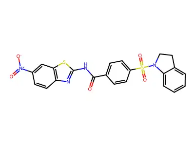 4-(indolin-1-ylsulfonyl)-N-(6-nitrobenzo[d]thiazol-2-yl)benzamide structure