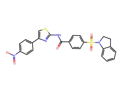 4-(indolin-1-ylsulfonyl)-N-(4-(4-nitrophenyl)thiazol-2-yl)benzamide structure