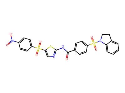 4-(indolin-1-ylsulfonyl)-N-(5-((4-nitrophenyl)sulfonyl)thiazol-2-yl)benzamide structure