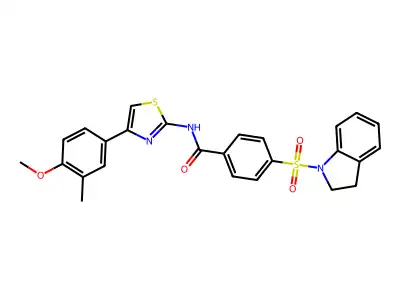 4-(indolin-1-ylsulfonyl)-N-(4-(4-methoxy-3-methylphenyl)thiazol-2-yl)benzamide structure