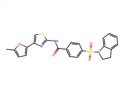 4-(indolin-1-ylsulfonyl)-N-(4-(5-methylfuran-2-yl)thiazol-2-yl)benzamide structure