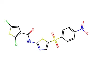 2,5-dichloro-N-(5-((4-nitrophenyl)sulfonyl)thiazol-2-yl)thiophene-3-carboxamide structure