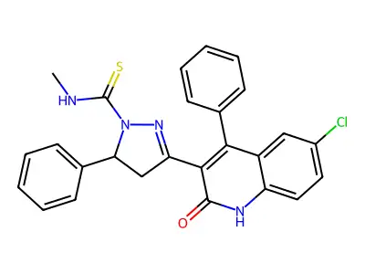 3-(6-chloro-2-oxo-4-phenyl-1,2-dihydroquinolin-3-yl)-N-methyl-5-phenyl-4,5-dihydro-1H-pyrazole-1-carbothioamide structure