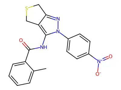 2-methyl-N-(2-(4-nitrophenyl)-4,6-dihydro-2H-thieno[3,4-c]pyrazol-3-yl)benzamide structure