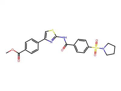 Methyl 4-[2-[(4-pyrrolidin-1-ylsulfonylbenzoyl)amino]-1,3-thiazol-4-yl]benzoate structure